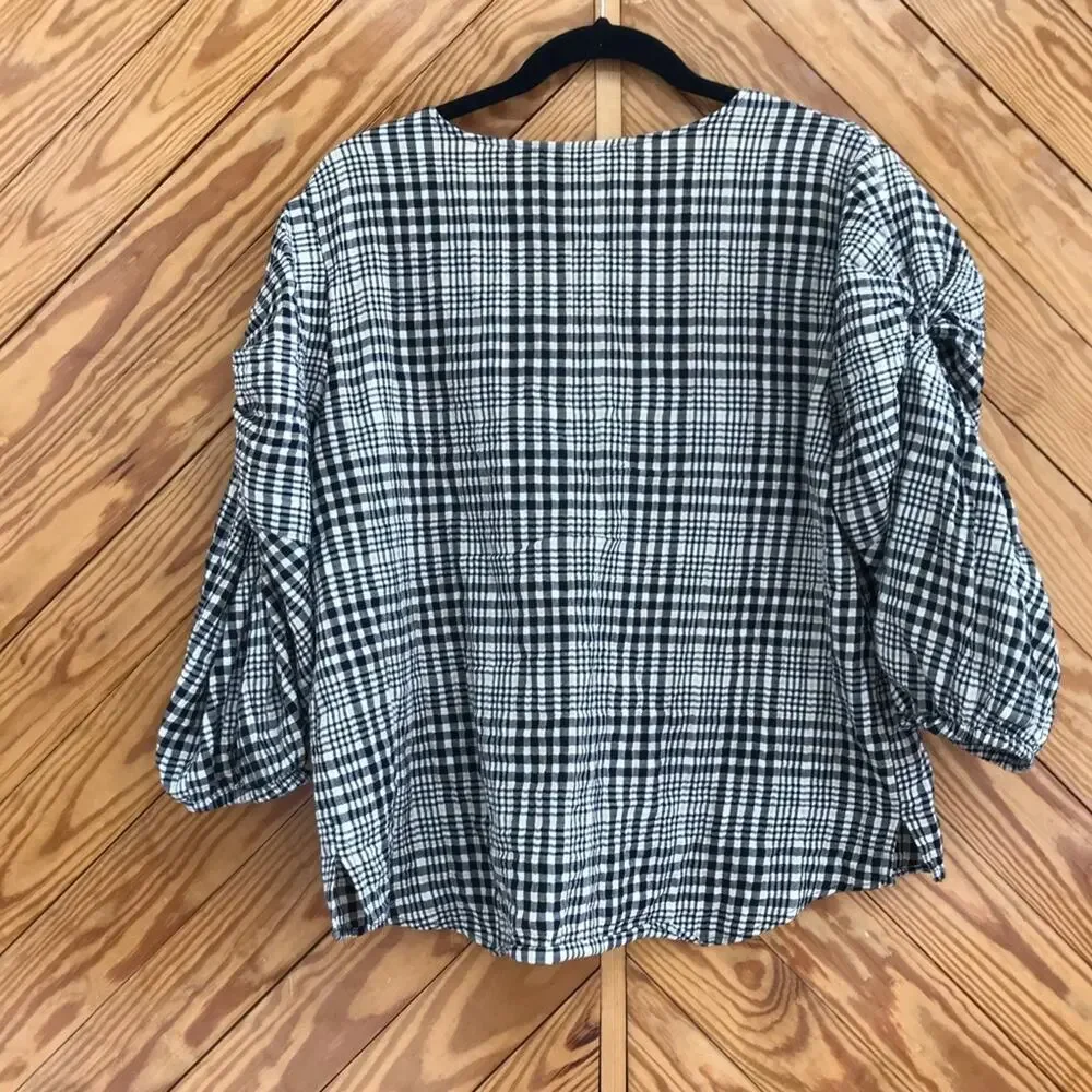 ZARA Check Puff Sleeve Peasant Blouse